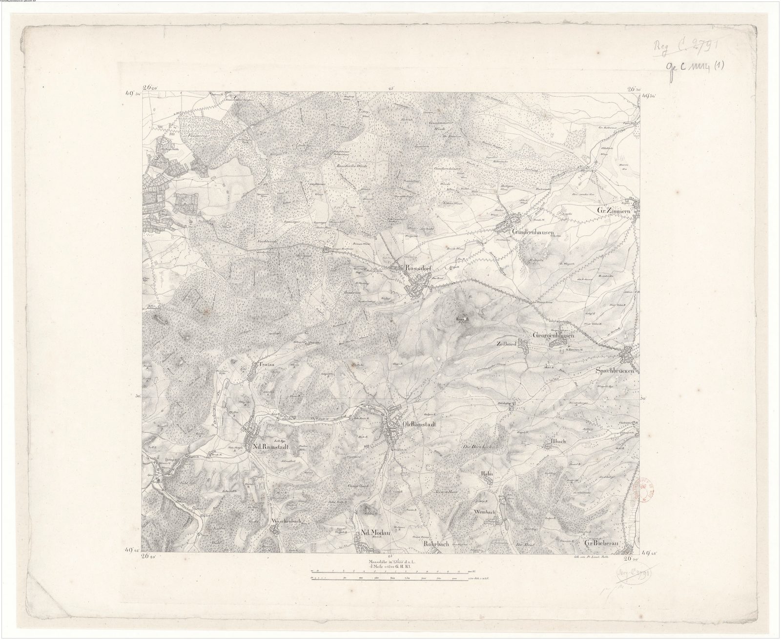 Historische Karte der Umgebungen um Darmstadt, 1829
